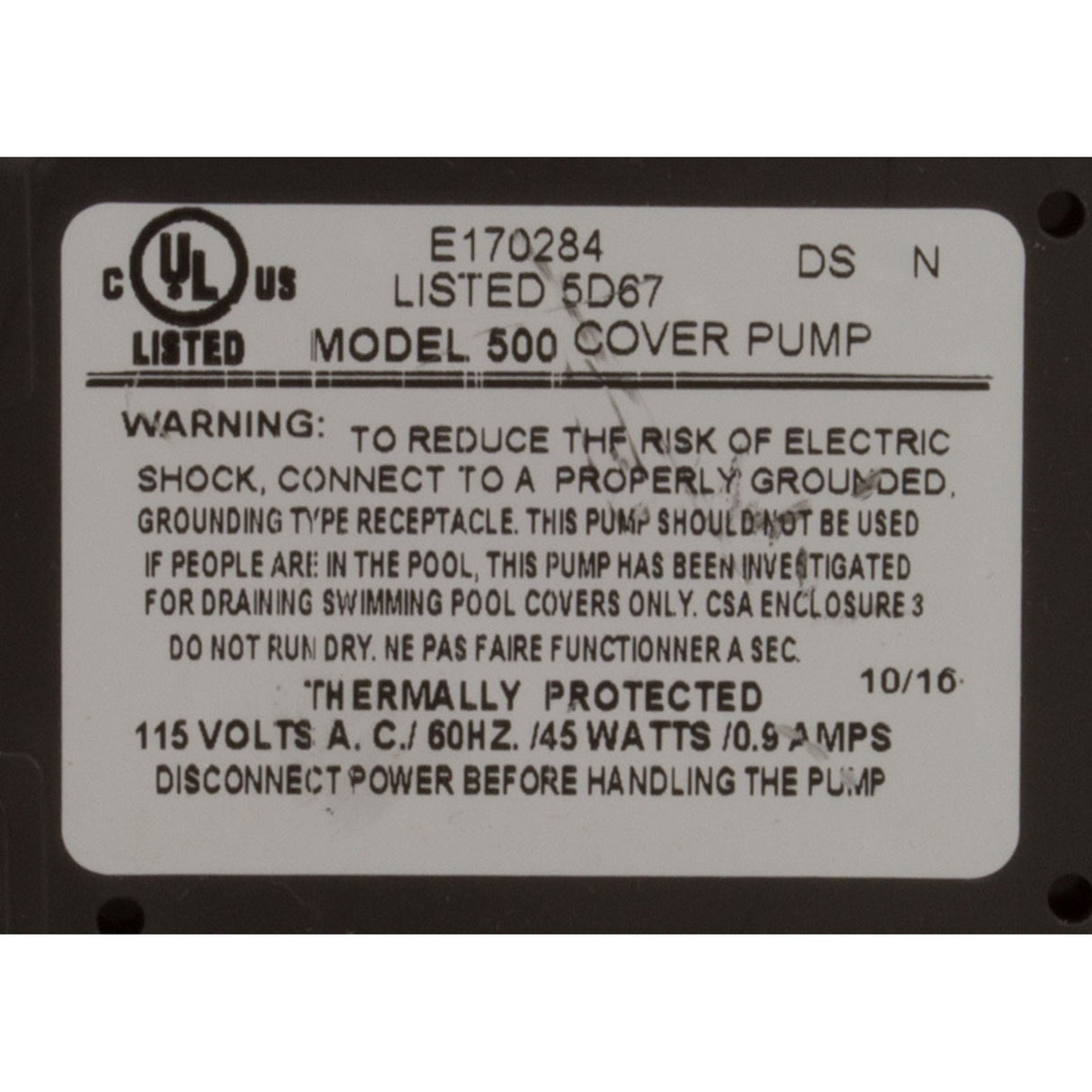 Pump, Submersible, Danner Cover Care Model 500, 45W, 3/4"GHT : 02555