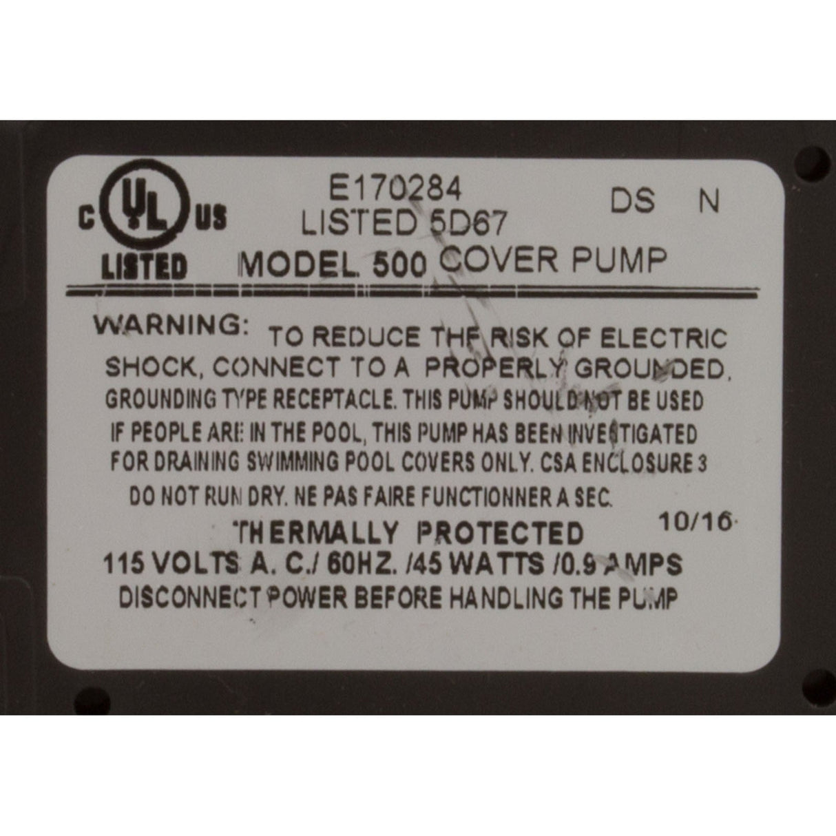 Pump, Submersible, Danner Cover Care Model 500, 45W, 3/4"GHT : 02555