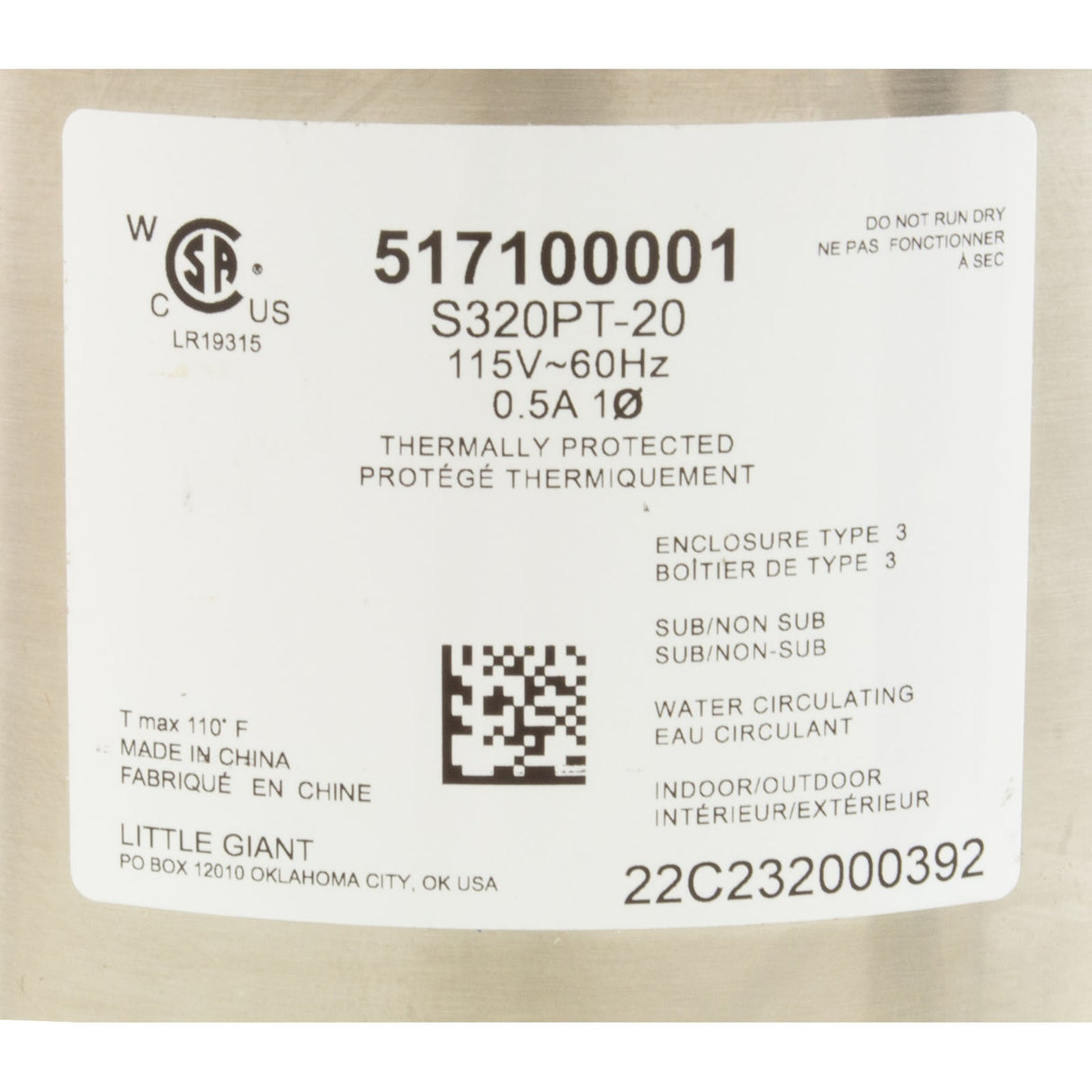 Pump, Circ, Little Giant S320PT-20, 115v, 335gph, 1/4" x 1/2" : 517100001