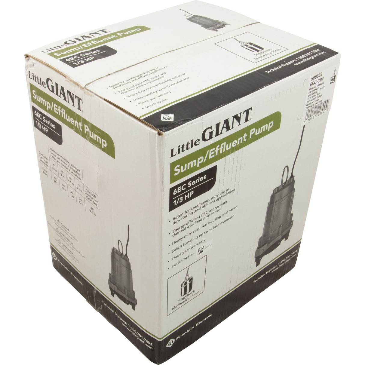 Pump, Sump, Little Giant 6EC-CIM, 115v, Plastic Base, 20ft Cord : 506802