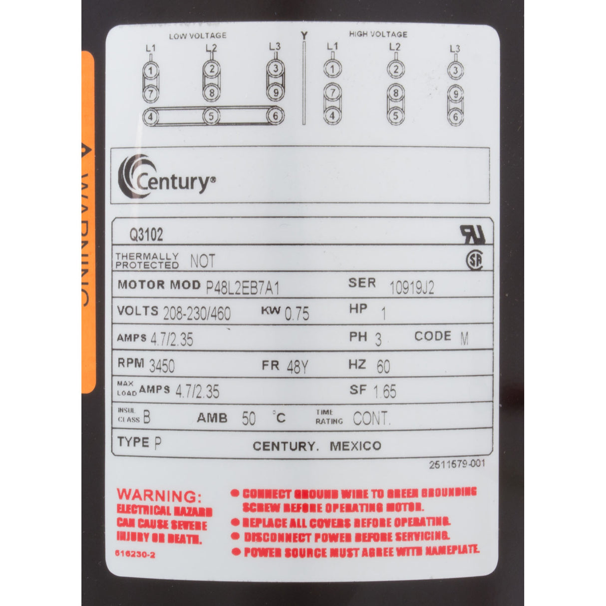 Mtr, Cent, 1Hp, 208-230/460V, 3Ph, 1-Sp, Sf1.5, 48Yfr 3450Rpm : Q3102