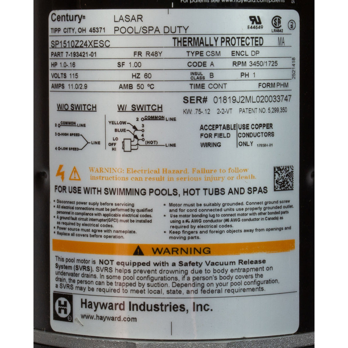 1 Hp Pf Mtx 2 Spd W/Sw : SP15922S - Hayward - 0610377855464 - PartsForSpas.com