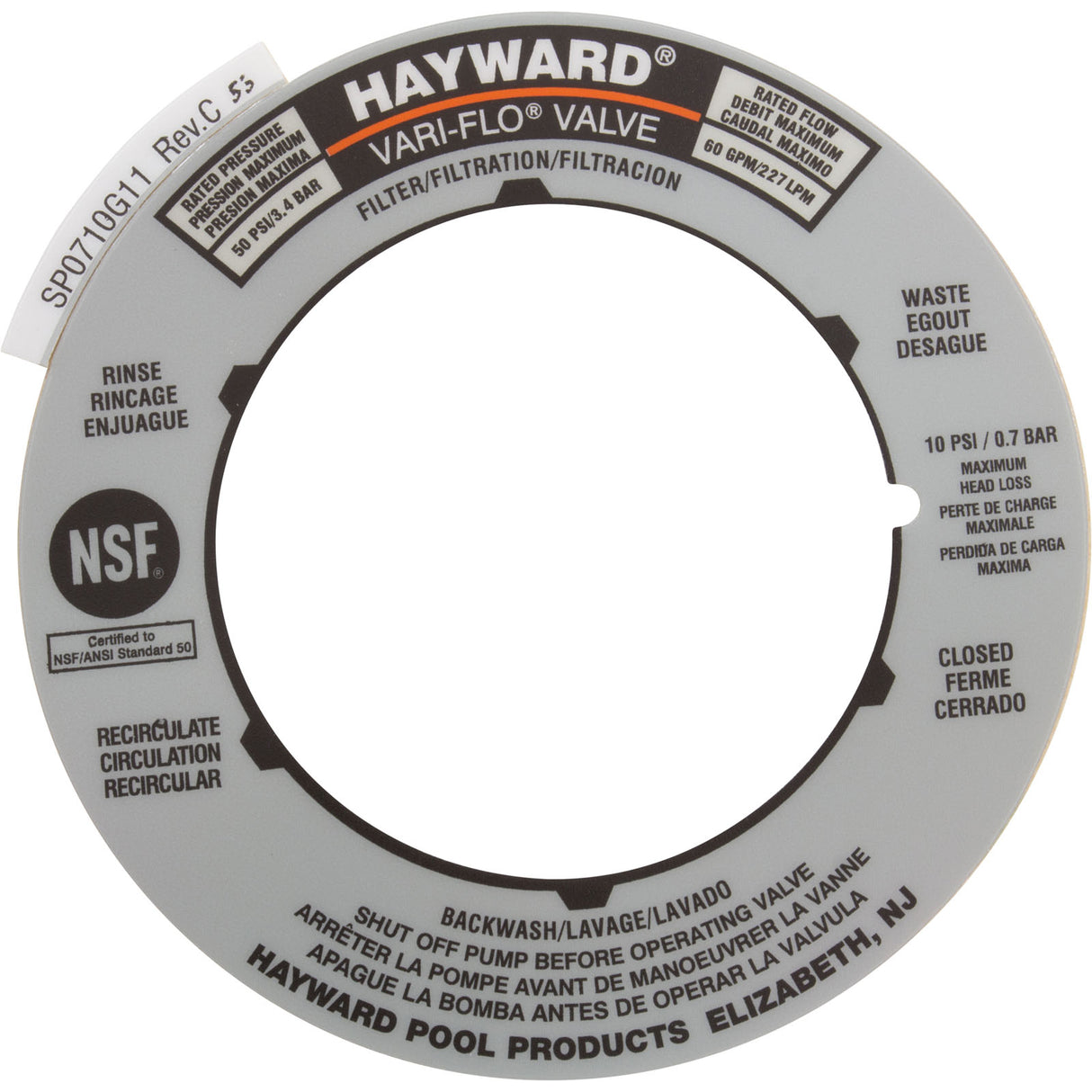 SPX0710G label plate replacement for multiport valve : SPX0710G - Hayward - 0610377034784 - PartsForSpas.com
