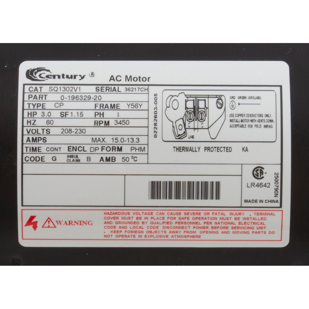 Mtr, Cent, 3Hp, 208-230V, 1-Sp, Sf1.15, 56Yfr : SQ1302V1