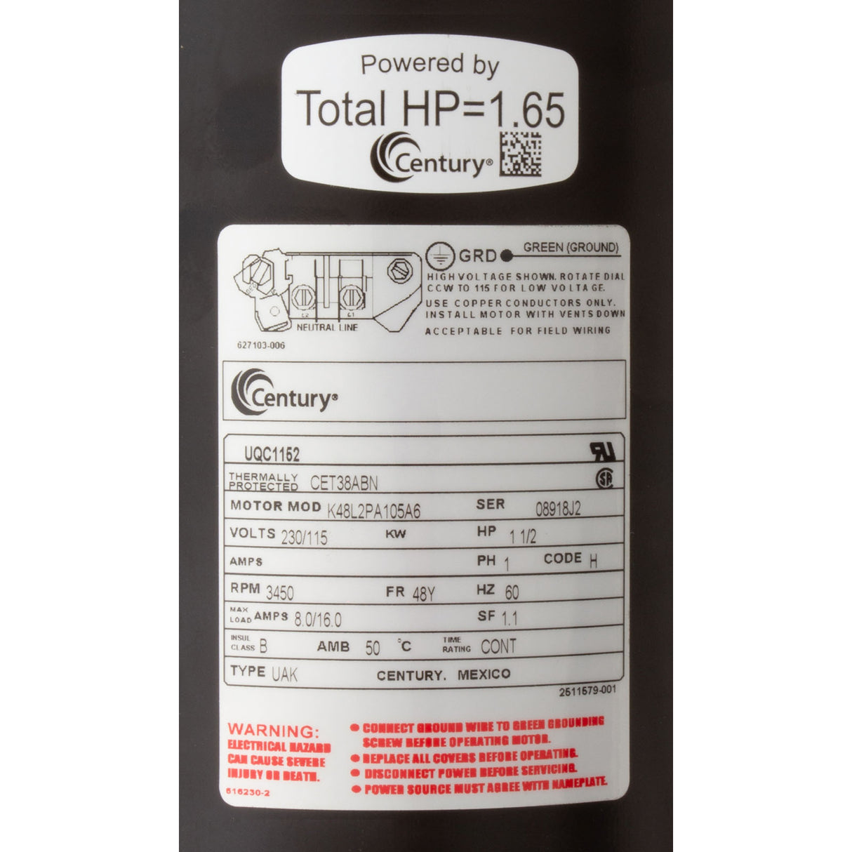 Mtr, Cent, 1.5Hp, 115/230V, 1-Sp, Sf1, 48Yfr : UQC1152