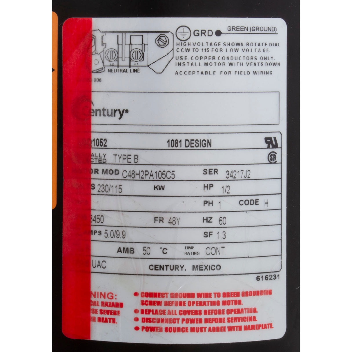 Mtr, Cent, .5Hp, 115/230V, 1-Sp, Sf1.3, 48Yfr : USQ1052