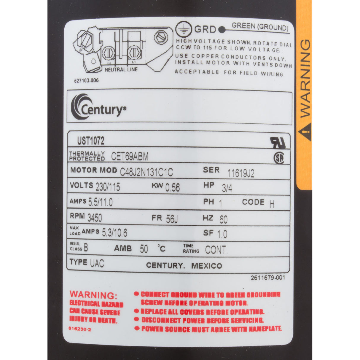 Mtr, Cent, .75Hp, 115/230V, 1-Sp, Sf1, 56Jfr : UST1072