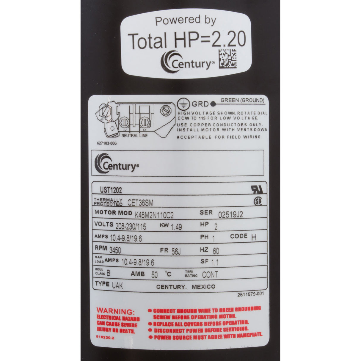 Mtr, Cent, 2Hp, 230V, 1-Sp, Sf1.1, 56Jfr : UST1202