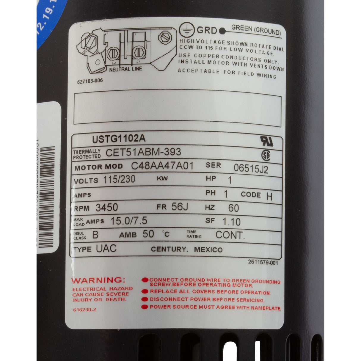 Mtr, Cent, 1Hp, 115/230V, 1-Sp, Sf1.1, 56Jfr : USTG1102A
