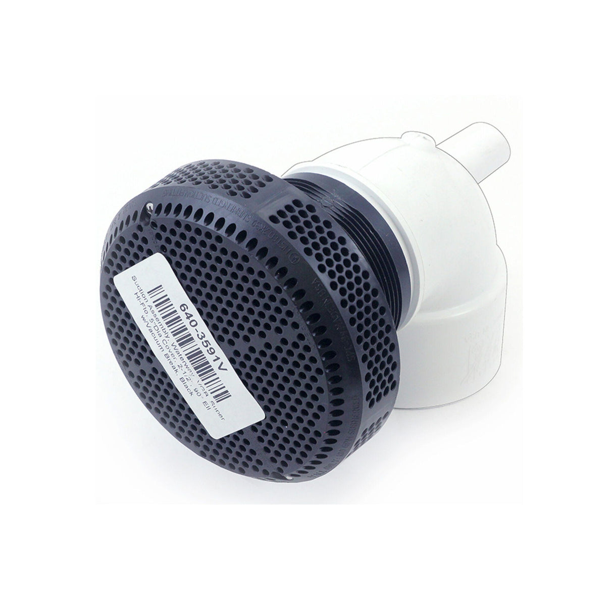 Suction Assembly, Waterway, VGB, Super Hi-Flo, 5"Dia Cover, 2-1/2", 90° Ell w/Vacuum Break, Black : 640-3591V
