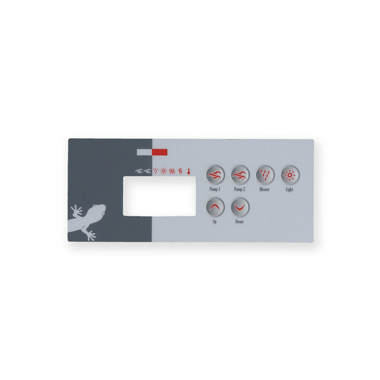 Overlay, Spaside, Gecko TSC35-GE1, 6-Button, Pump1-Pump2-Blower, For 0200-007143 : 9916-100381