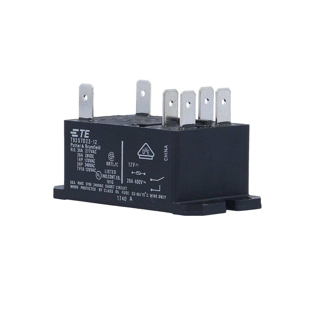 Relay, T92 Style, 12 VDC Coil, 30 Amp, DPST : T92S7D22-12