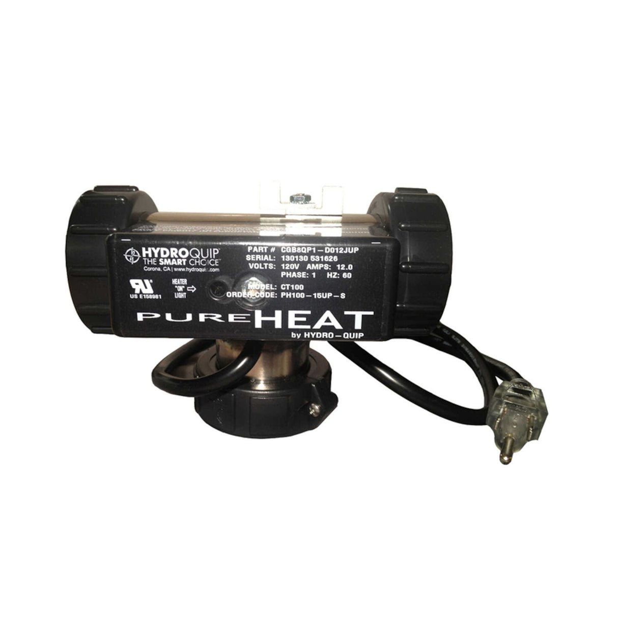 Bath Heater, HydroQuip T-Style w/Pressure Switch, 1.5KW, 115V, 1-1/2", 5.5" Length, NEMA Cord : PH100-15UP-S