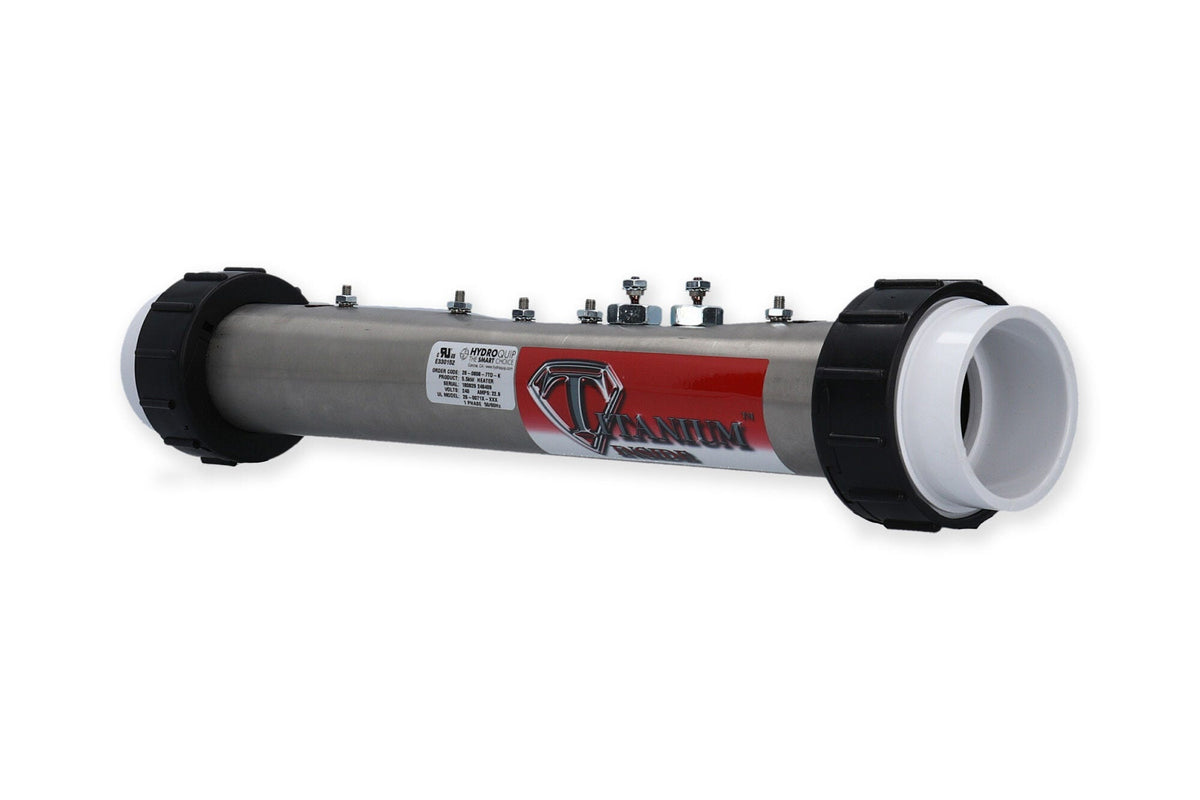Heater Assembly, HydroQuip/Waterway, Flo-Thru, Titanium, 5.5KW, 230V, 2" x 15" : 26-0808-7TD-K