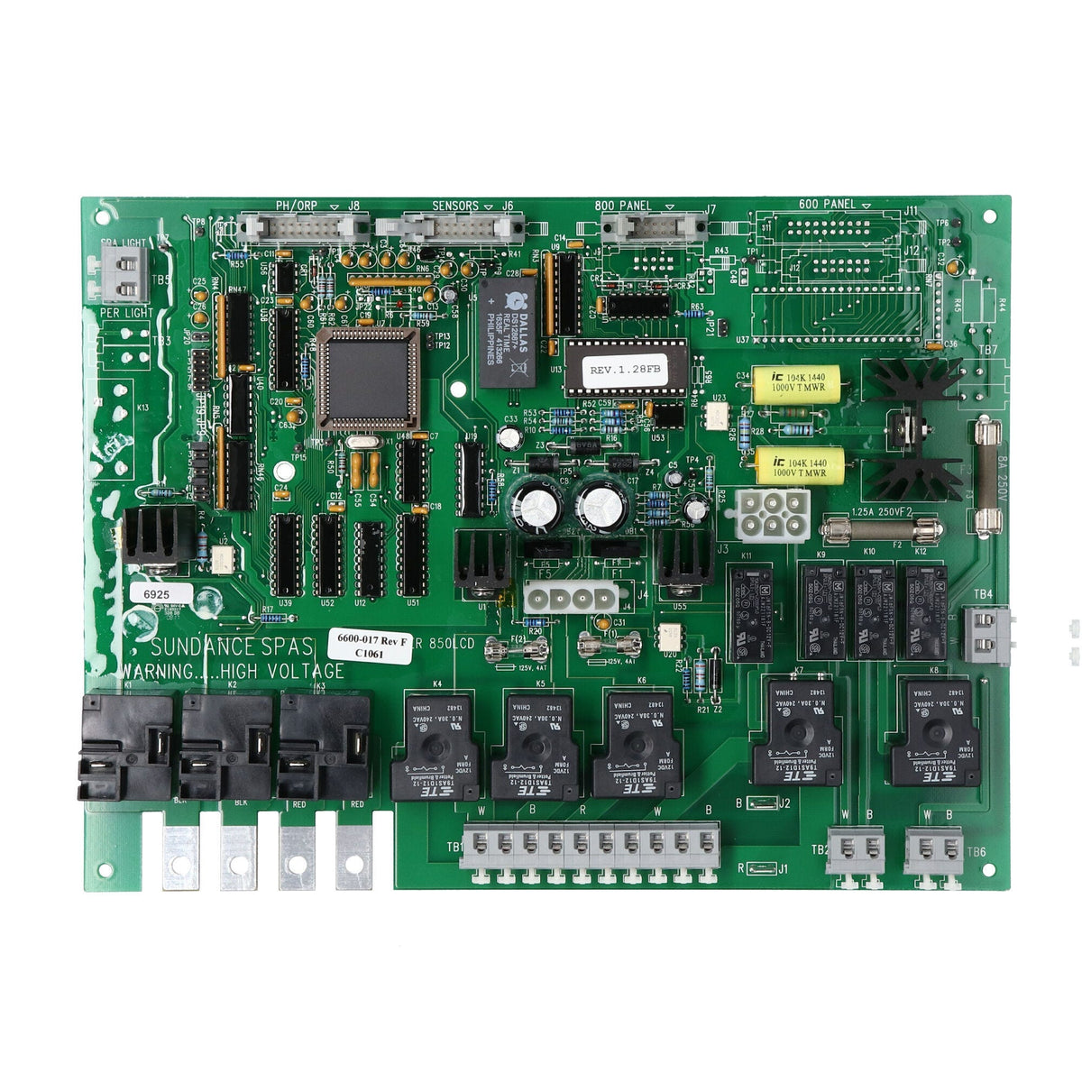 Circuit Board, Sundance 850 LCD, Rev 1.28FB, 1995-1996, 1 or 2 Pump, "Perma Clear", w/Circ Pump : 6600-017