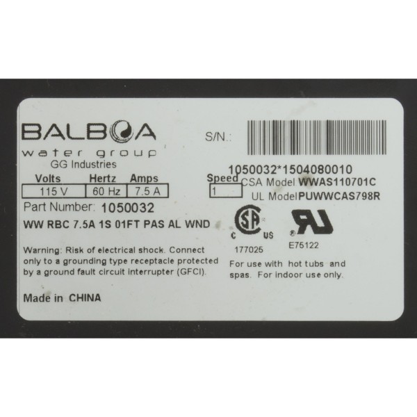 Pump, Bath, Balboa WOW, 115v, 7.5A, OEM, w/ Air Switch : 1050032