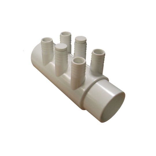 Manifold, PVC, Gentekk, 2"Slip x 2"Spigot x 6 3/4"Ribbed Barb Ports w/2 Plugs : WM2XSP-6P