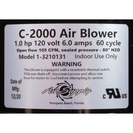 Blower, Air Supply Comet 2000, 1.0hp, 115v, 6.0A, 4ft AMP : 3210131