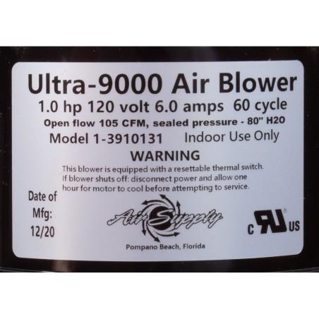 Blower, Air Supply Ultra 9000, 1.0hp, 115v, 6.0A, 4ft AMP : 3910131