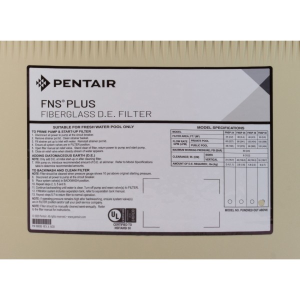 DE Filter, Pentair FNS Plus FNSP60, 120 GPM, 60 sqft, 2" : 180009