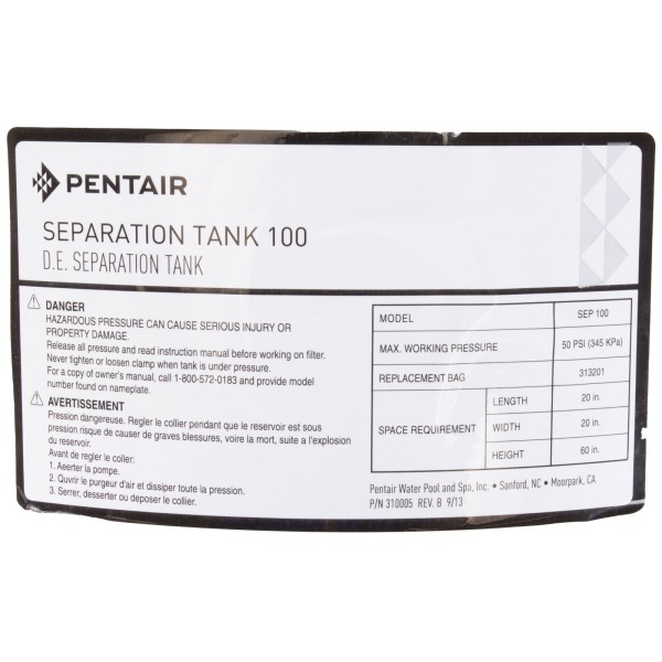 DE Filter, Pentair Separation Tank 100, 2"s x 2-1/2"s : 300005