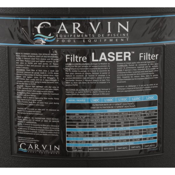 Sand Filter, Carvin Laser L192C-7C, Top Mt, 19", 1-1/2" Valve : 94089192