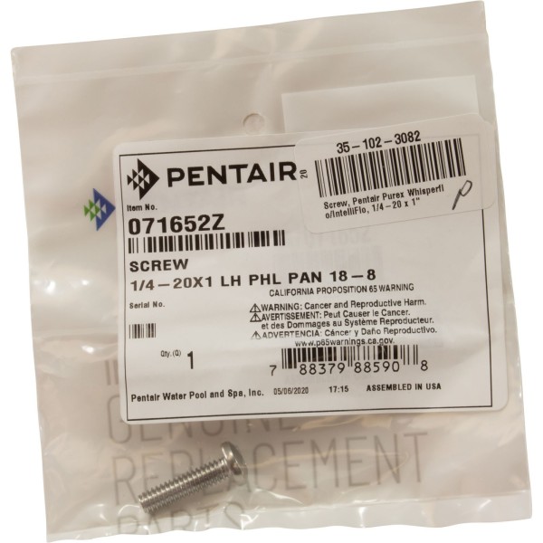 Screw, Pentair Purex Whisperflo/IntelliFlo, 1/4-20 x 1" : 071652Z