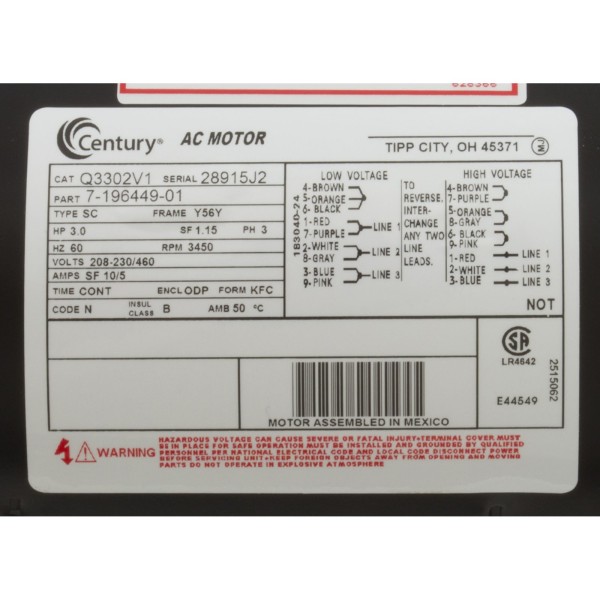 Mtr, Cent, 3Hp, 208-230/460V, 3Ph, 1-Sp, Sf1.15, 56Yfr 3450Rpm : Q3302V1