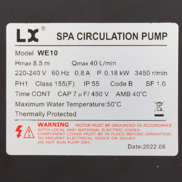 Pump, Circ, LX WE10, 230v, 3450rpm, 0.8A, 3/4"b : WE10 230V