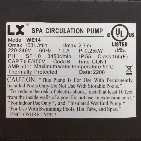 Pump, Circ, LX WE14, 230v, 3450rpm, 1.0A, 1-1/2"mbt : WE14 230V