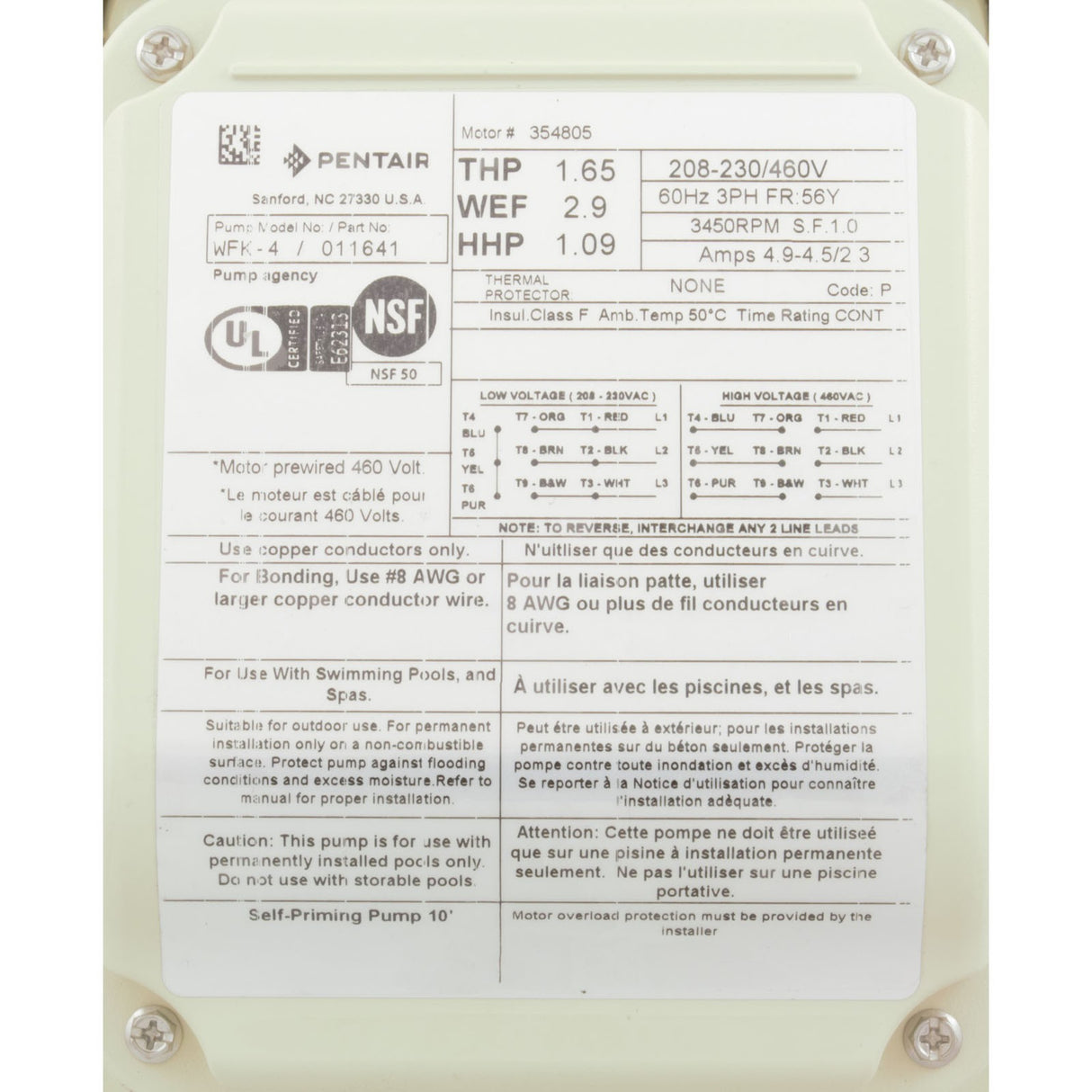Pump, Pentair WFK-4, 1.0hp, 208-230/460v, 3-Phase, Super Duty : 011641
