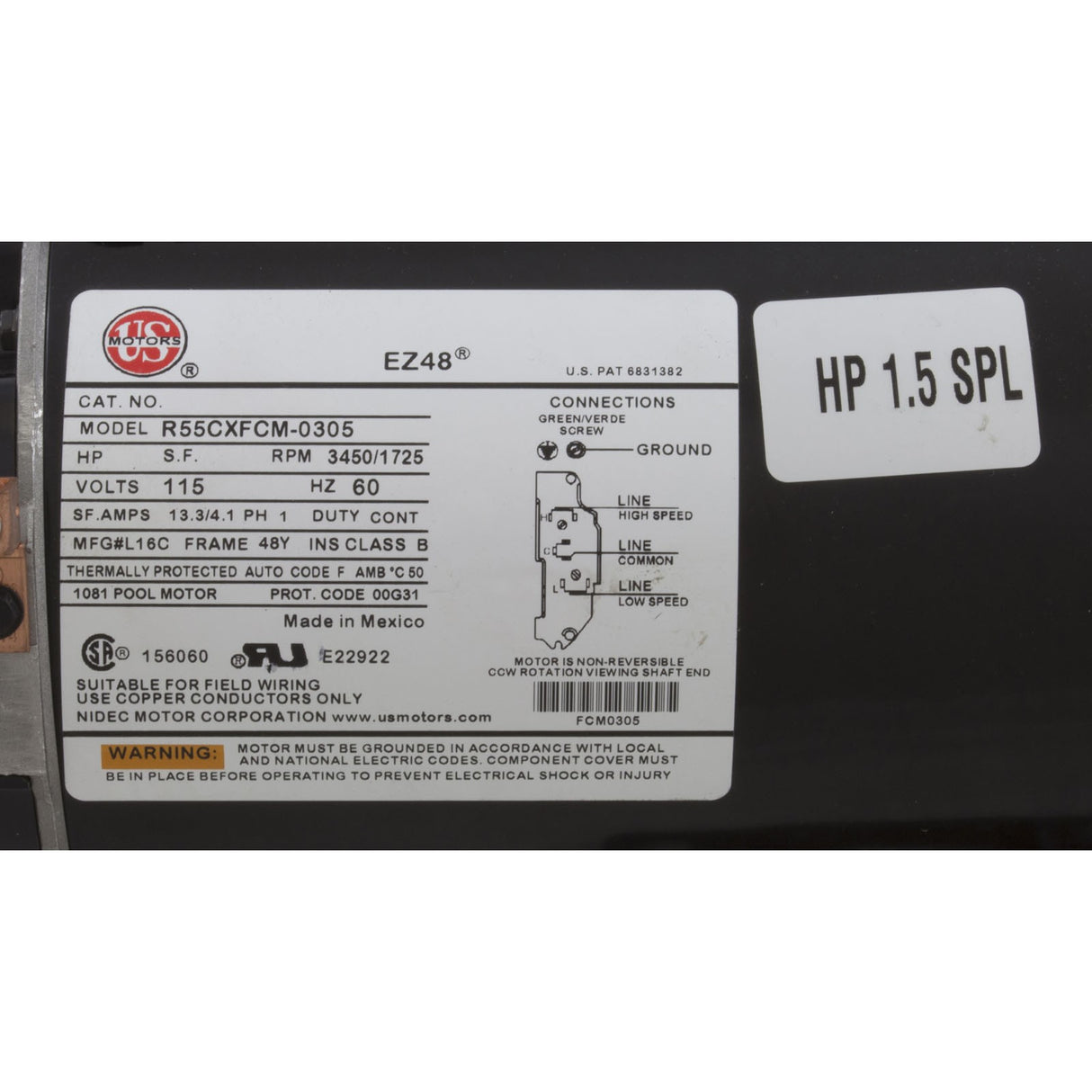 Pump, WW Ex2, 1.5SPL, 115v, 2-Spd, 48fr, 2", OEM : 3420610-1U