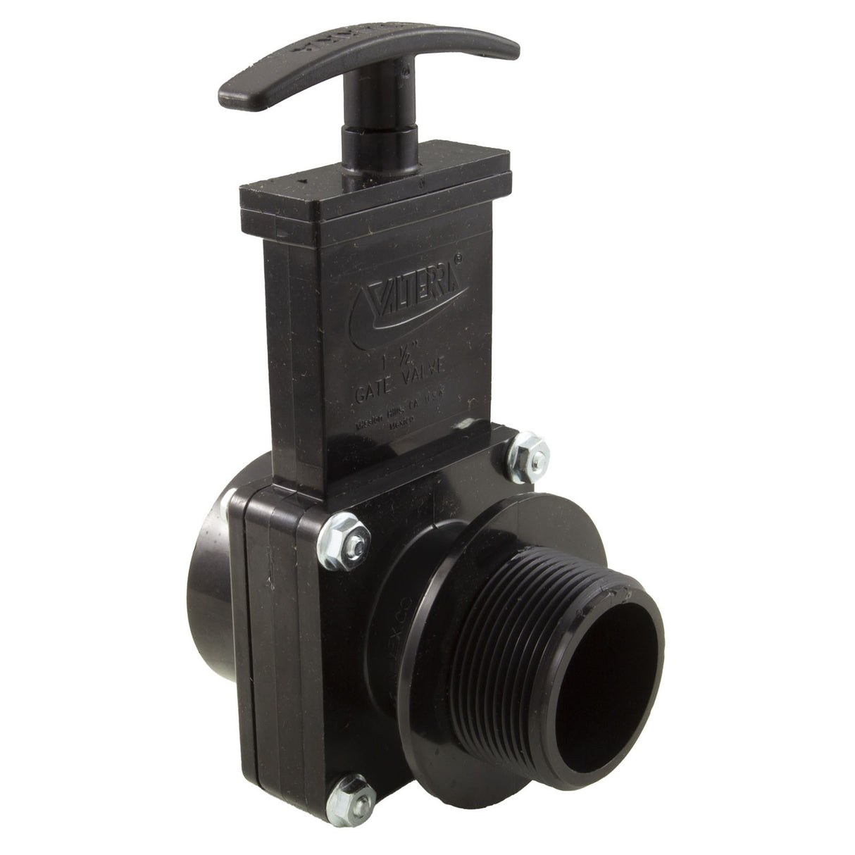 Gate Valve, 3 pc, Valterra, 1-1/2"s x 1-1/2"mpt, 45psi, Black : 7105