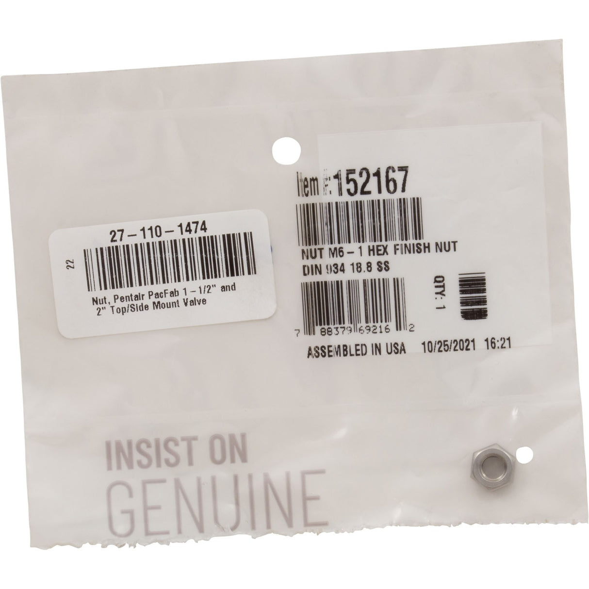 Nut, Pentair PacFab 1-1/2" and 2" Top/Side Mount Valve : 152167