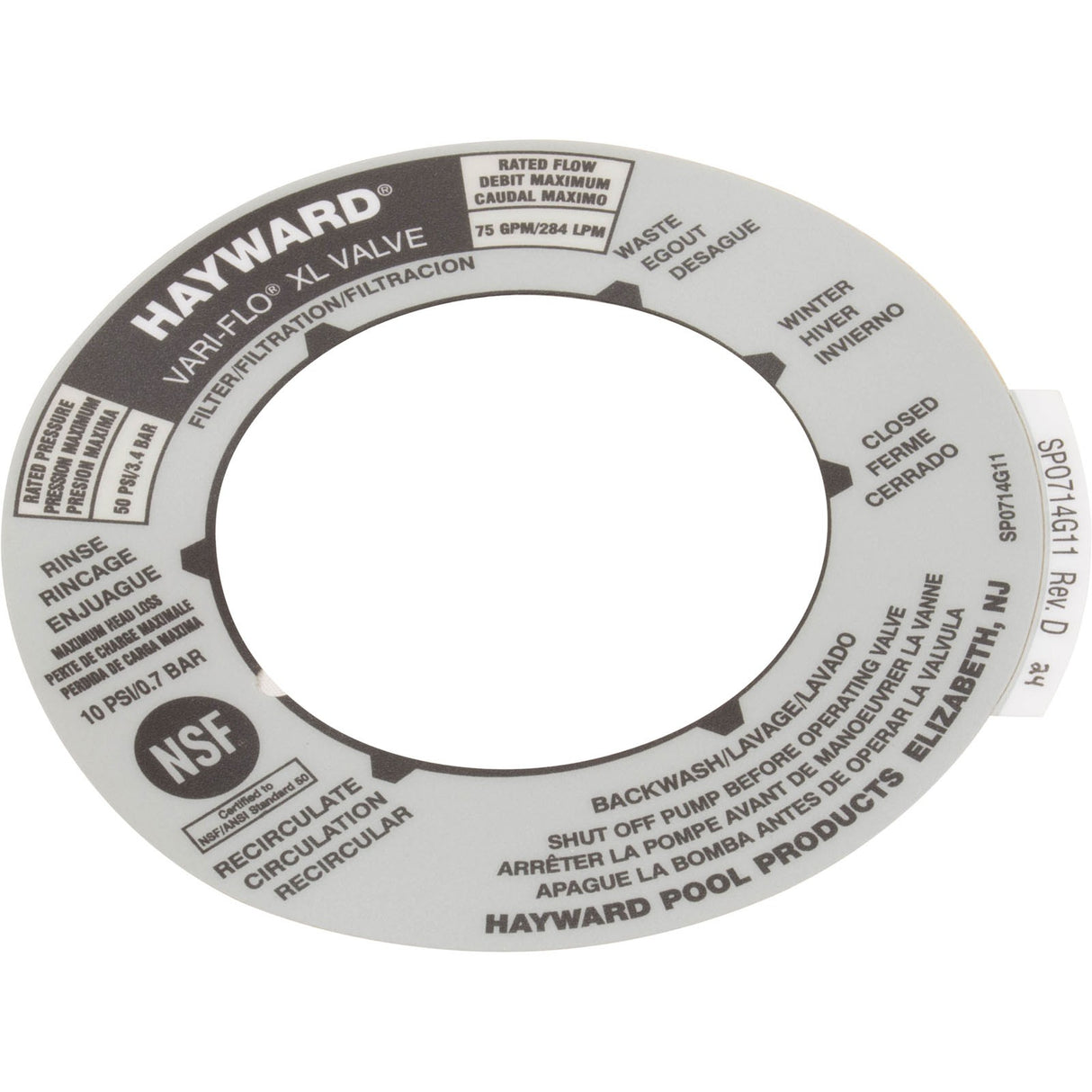 Decal, Hayward Vari-Flo XL Valve, 6 Position : SPX0714G