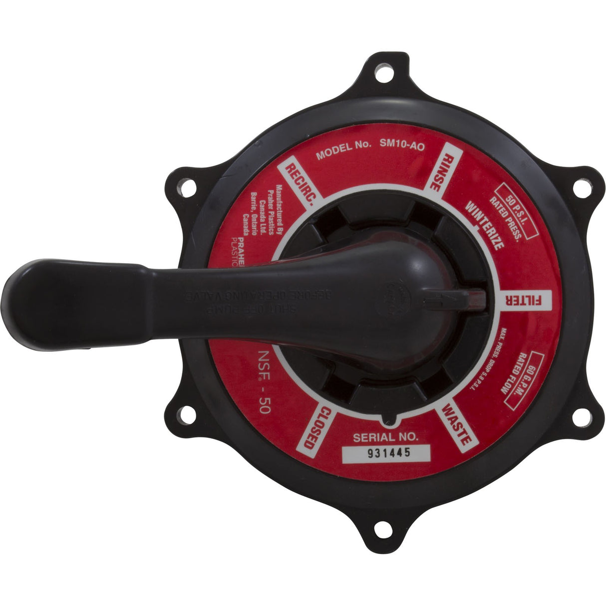 Lid Assy, Praher ABS Top/Side Mount Valves, 1-1/2", Blk, 60gpm : E-50-S1B