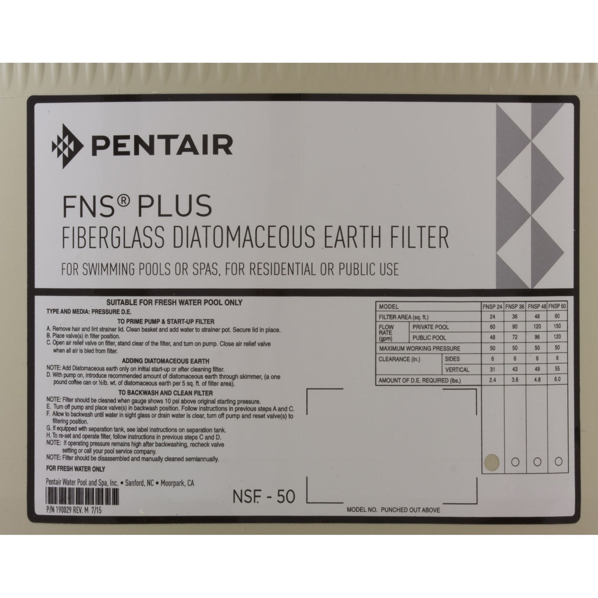 Tank Body, Pentair PacFab FNS, 24 sqft : 170015