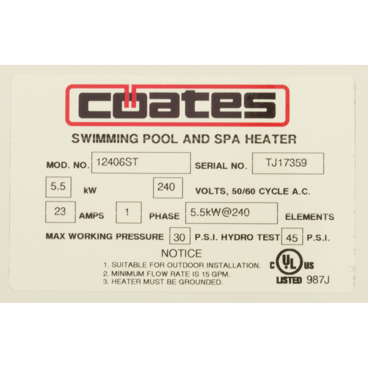 Electric Heater, Coates, 5.5Kw, 240V, Single Phase : 12406ST