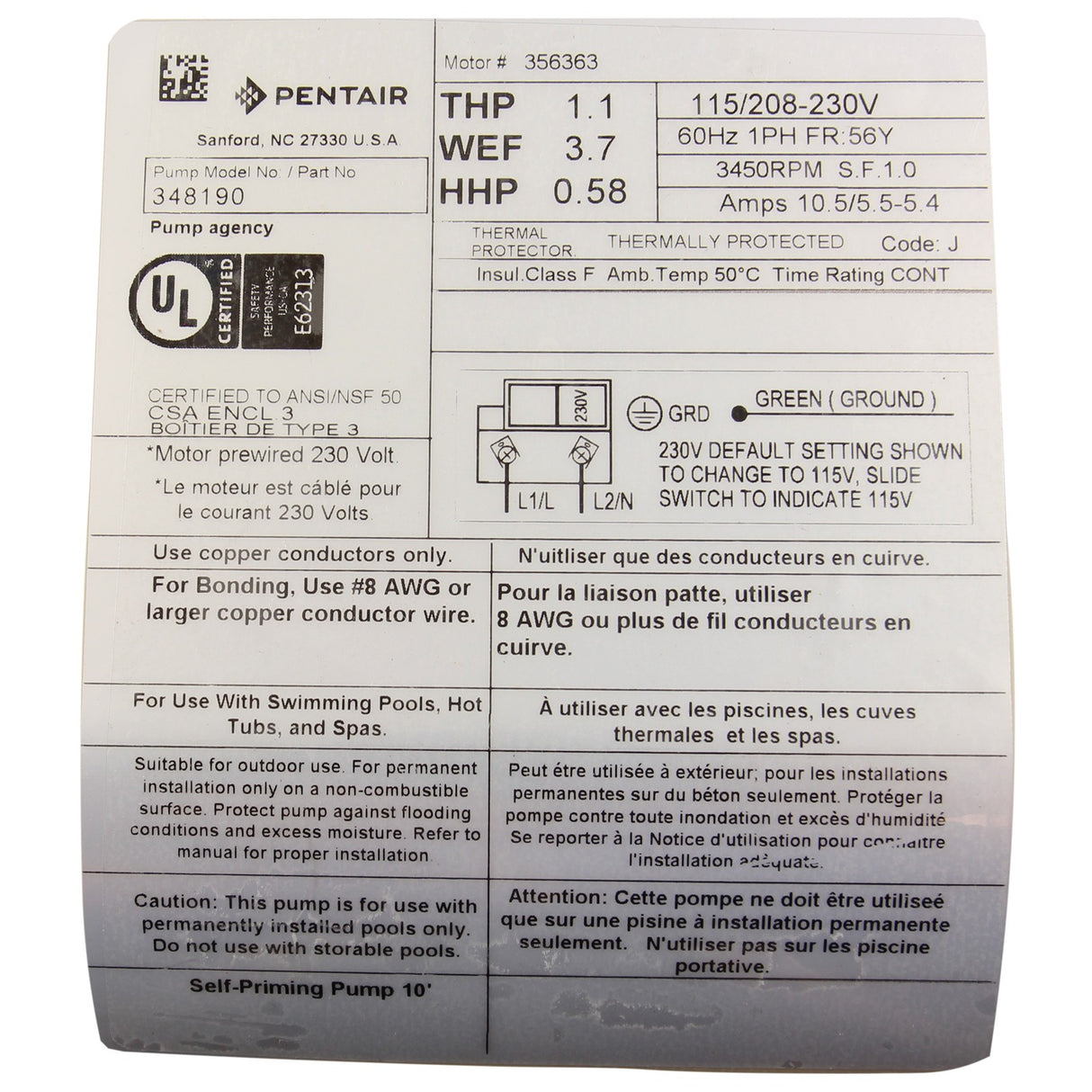 Pump, Pentair SuperFlo DOE, 1.1hp, 1-Spd, 115v/208v-230v, TEFC : 348190