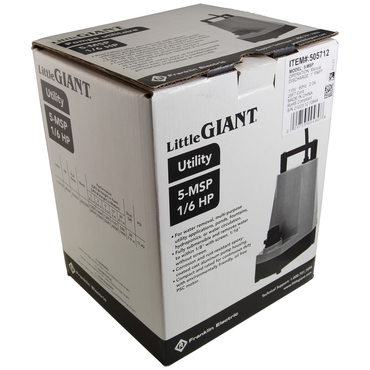 Pump, Submersible, Little Giant 5-MSP, 1/6hp, 115V, 25ft : 505712