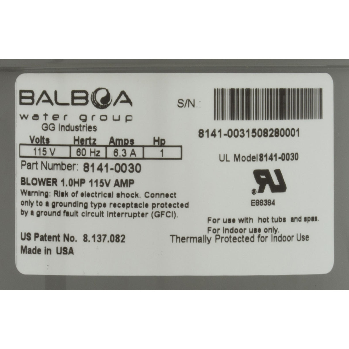 Blower, BWG Quiet-Flo, 1.0hp, 6.3A, 115V, Amp : 8141-0030