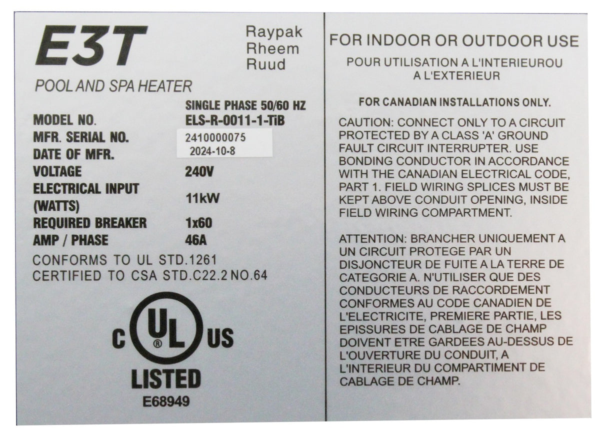 Digital Electric Heater, Raypak E3T 0011, 11kW, Titanium, 1.5" : 100-10000663