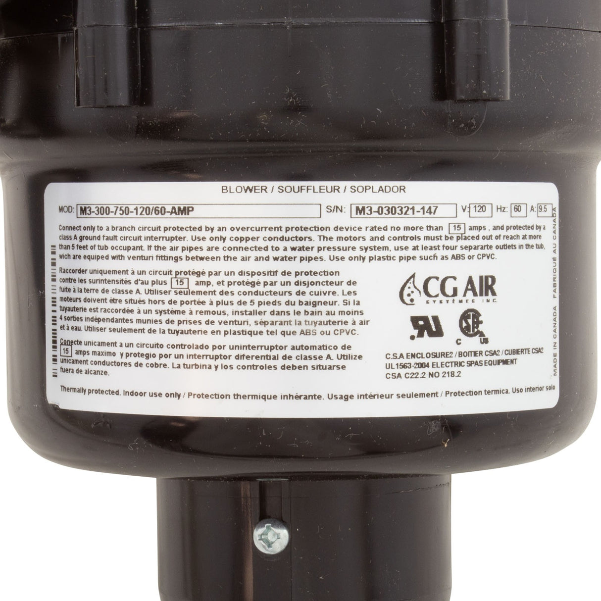 Blower, CG Air Millenium3, 115v, 3Spd, 9.5A, Heater, 3', Mflr, AS : M3300750120/60-AMP