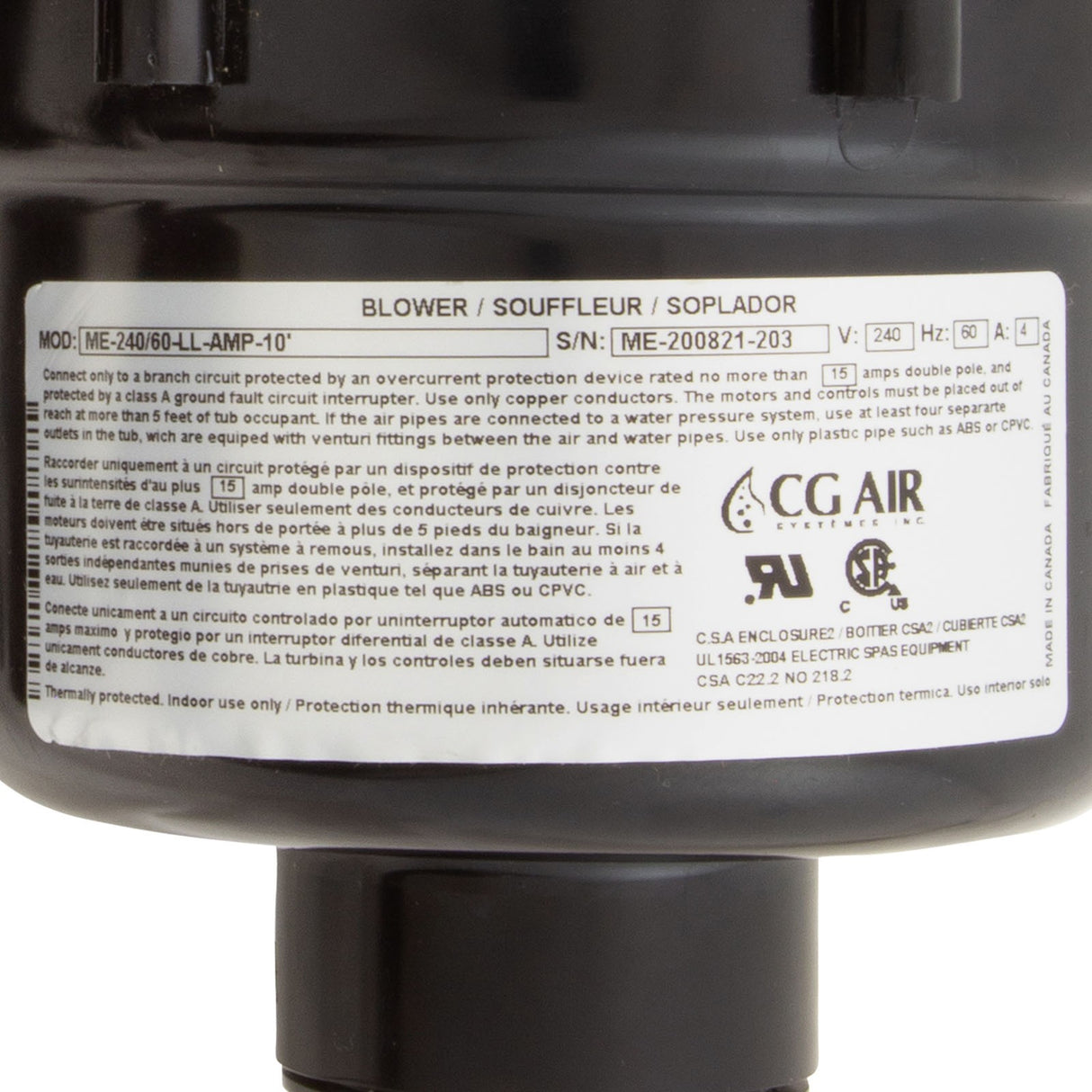 Blower, CG Air Millenium Long Life, 230v, 4.0A, 10ft AMP : ME-240/60-LL-AMP