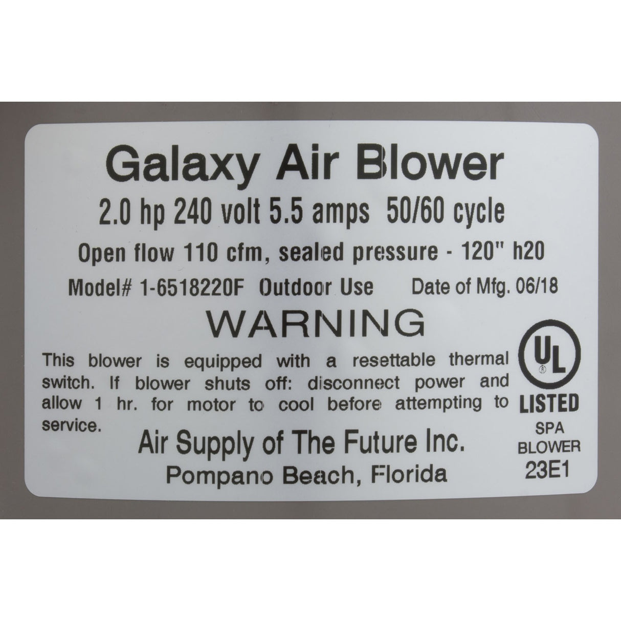 Blower, Air Supply Galaxy Pro, 2.0hp, 230v, 5.5A, Hardwire : 6520231