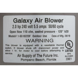 Blower, Air Supply Galaxy Pro, 2.0hp, 230v, 5.5A, Hardwire : 6520231