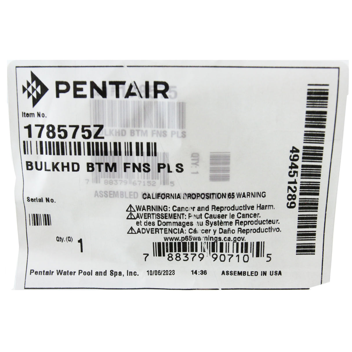 Bulkhead Bottom, Pentair Quad/FNS Plus : 178575Z - Pentair - 788379907105 - PartsForSpas.com