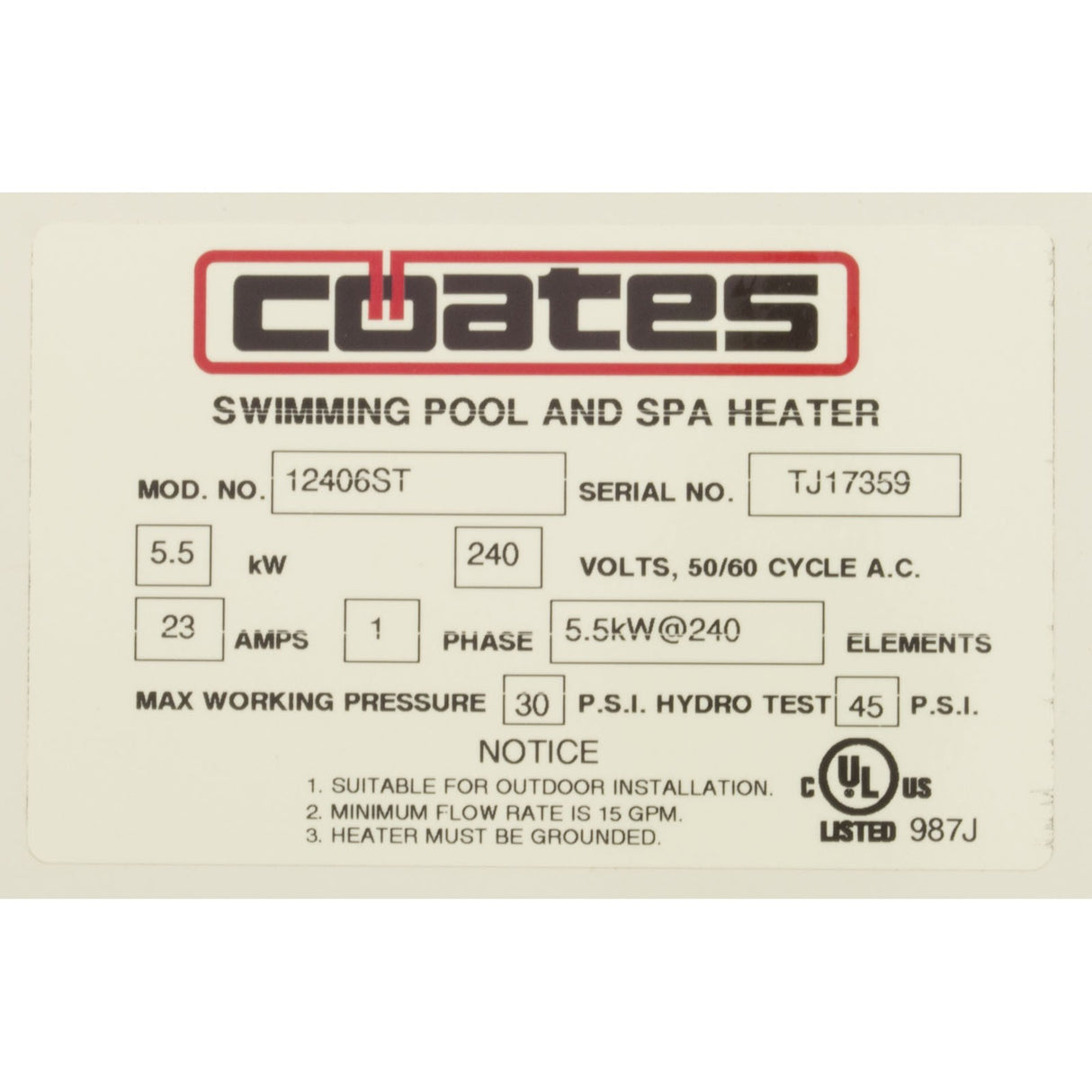 Electric Heater, Coates, 5.5Kw, 240V, Single Phase : 12406ST