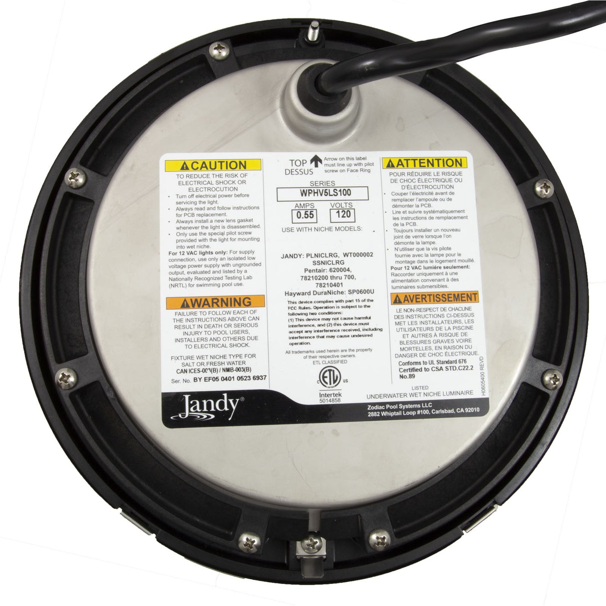 Pool Light, Jandy Niched White LED, 65W, 115v, 100ft, SS : WPHV5LS100