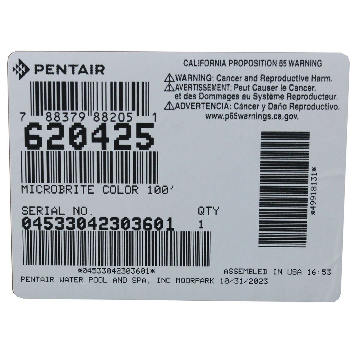 Pool Light, Pentair Microbrite, Color LED, 12vac, 100ft Cord, TG : 620425